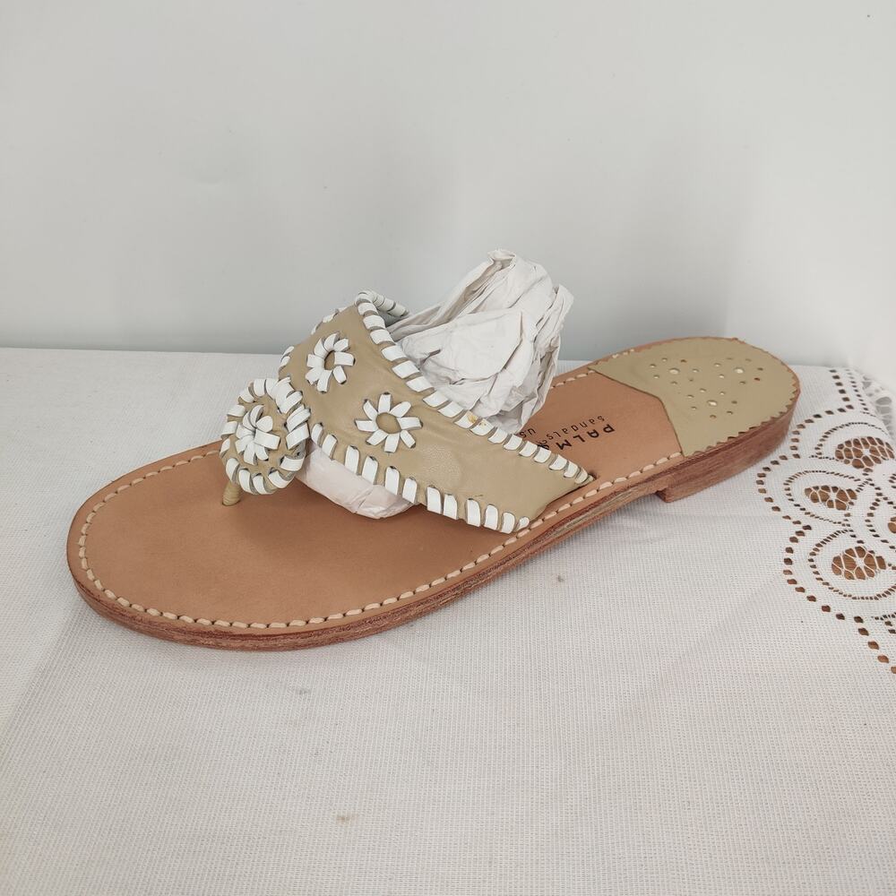 Palm Beach Sandals Tan and White Leather Flat Sandals Size 10 Made in USA - Picture 4 of 5